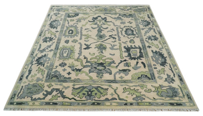 Beige, Charcoal and Green Hand knotted Oushak Traditional Wool Area Rug.