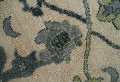 Beige, Charcoal and Green Hand knotted Oushak Traditional Wool Area Rug.