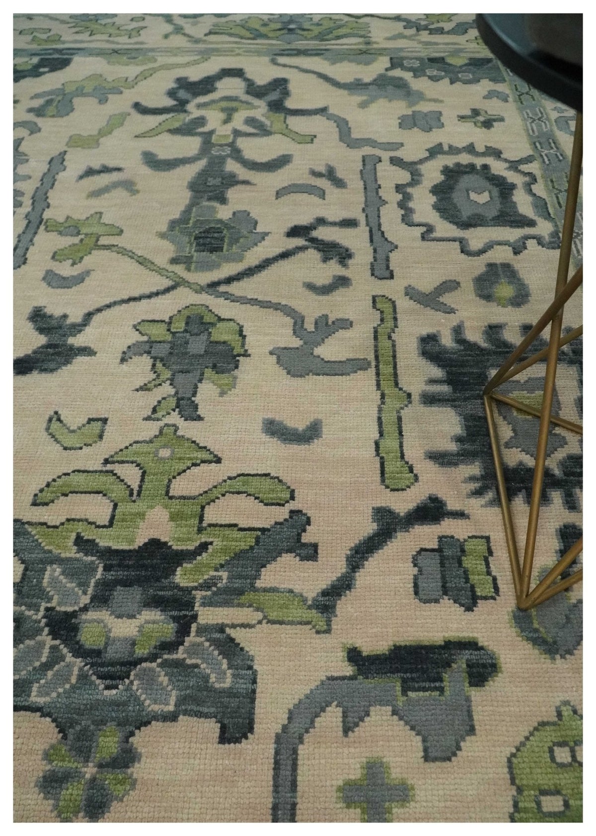 Beige, Charcoal and Green Hand knotted Oushak Traditional Wool Area Rug.