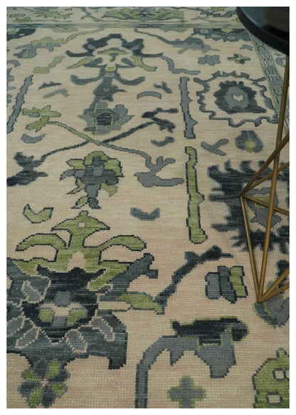 Beige, Charcoal and Green Hand knotted Oushak Traditional Wool Area Rug.