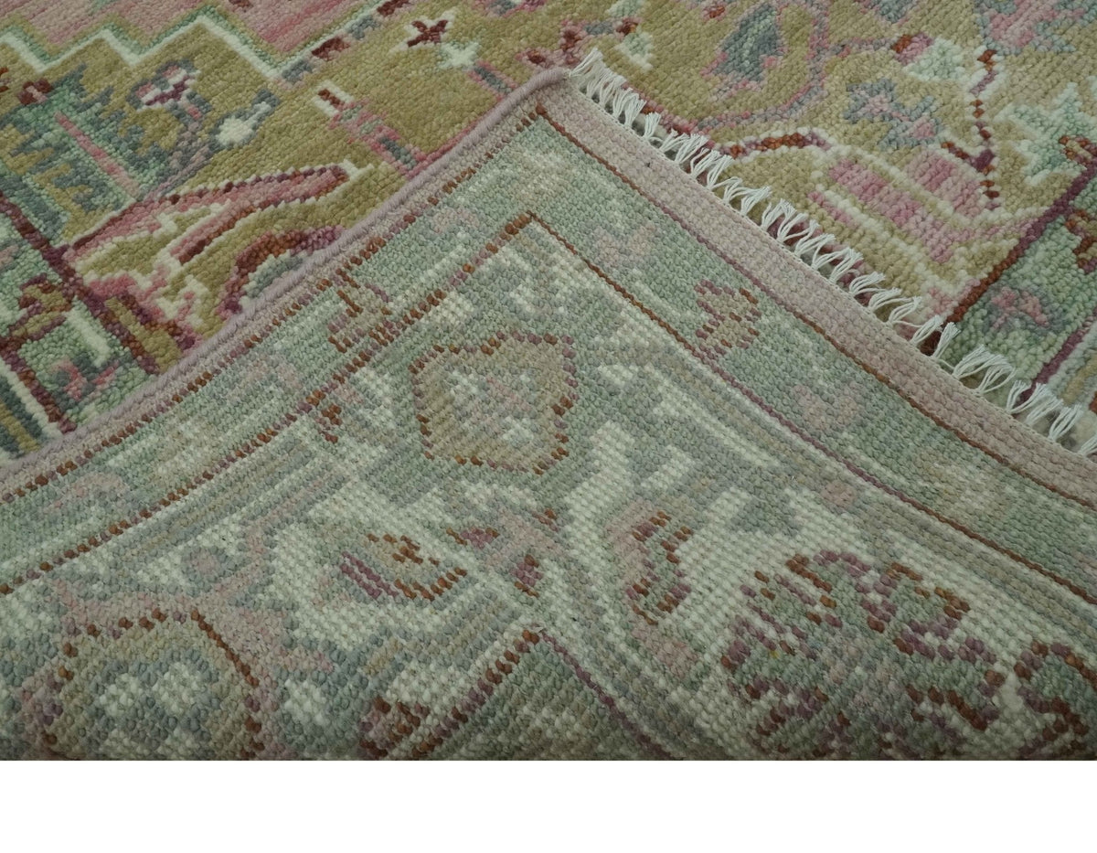 Pink, Ivory and Olive Hand Knotted Traditional Custom Made Size wool Rug.