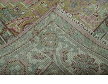 Pink, Ivory and Olive Hand Knotted Traditional Custom Made Size wool Rug.