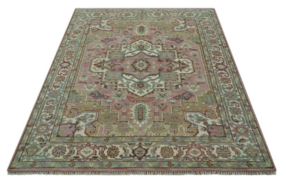 Pink, Ivory and Olive Hand Knotted Traditional Custom Made Size wool Rug.