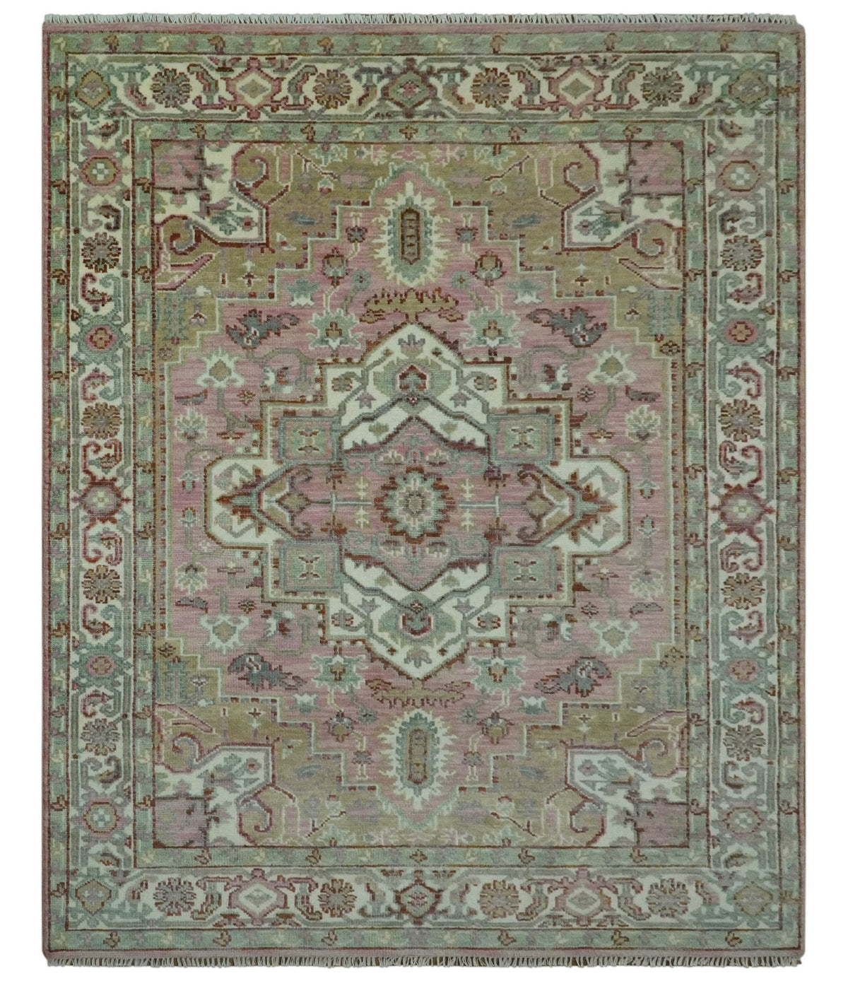 Pink, Ivory and Olive Hand Knotted Traditional Custom Made Size wool Rug.