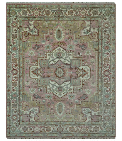Pink, Ivory and Olive Hand Knotted Traditional Custom Made Size wool Rug.