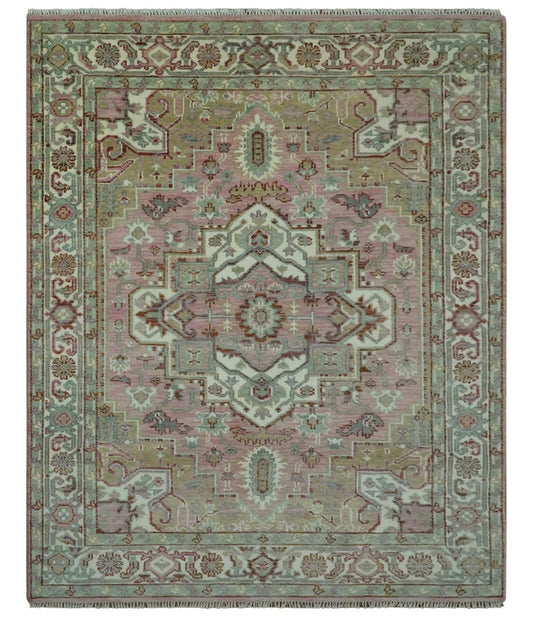 Pink, Ivory and Olive Hand Knotted Traditional Custom Made Size wool Rug.