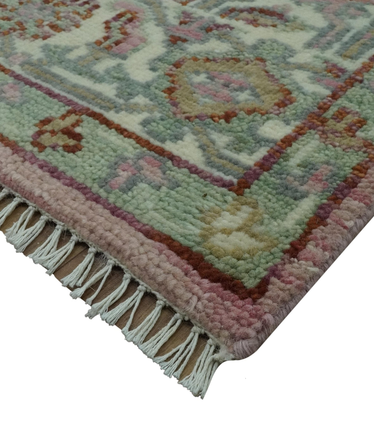 Pink, Ivory and Olive Hand Knotted Traditional Custom Made Size wool Rug.