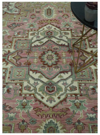 Pink, Ivory and Olive Hand Knotted Traditional Custom Made Size wool Rug.