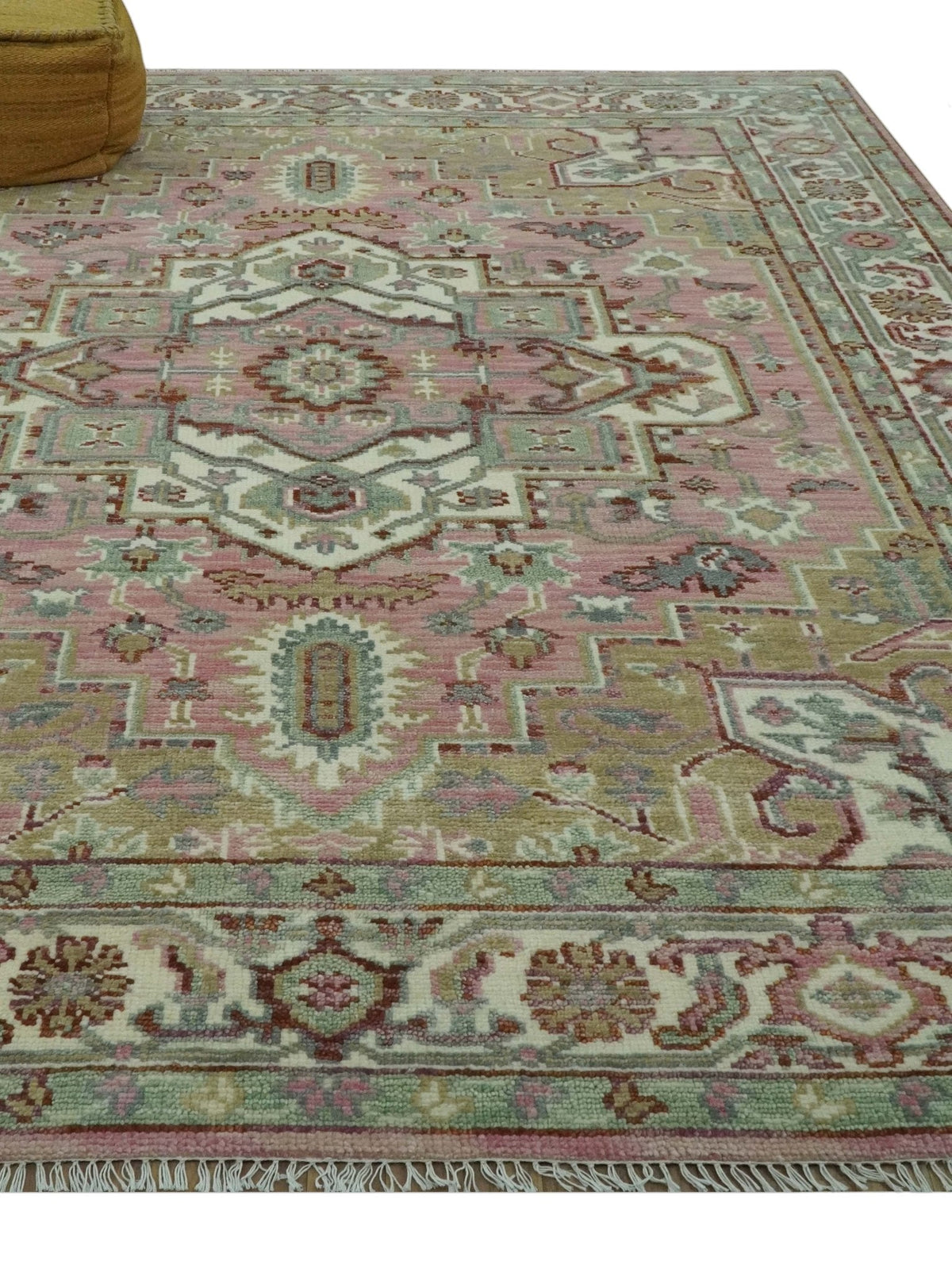 Pink, Ivory and Olive Hand Knotted Traditional Custom Made Size wool Rug.