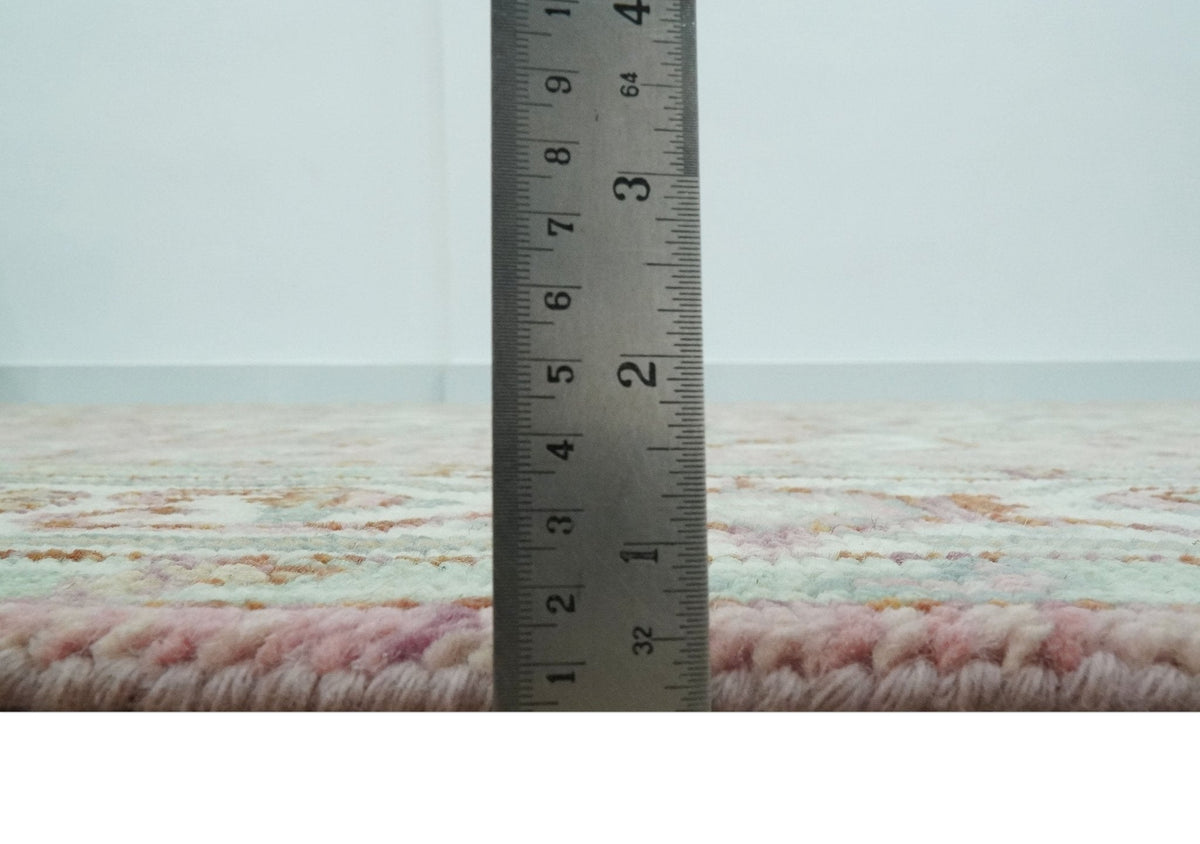 Pink, Ivory and Olive Hand Knotted Traditional Custom Made Size wool Rug.