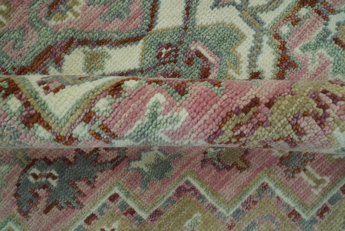 Pink, Ivory and Olive Hand Knotted Traditional Custom Made Size wool Rug.
