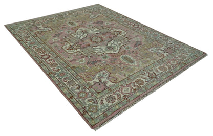 Pink, Ivory and Olive Hand Knotted Traditional Custom Made Size wool Rug.