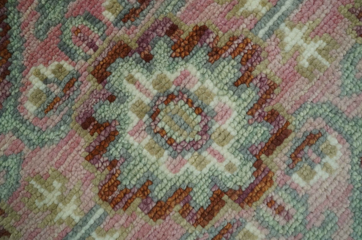 Pink, Ivory and Olive Hand Knotted Traditional Custom Made Size wool Rug.