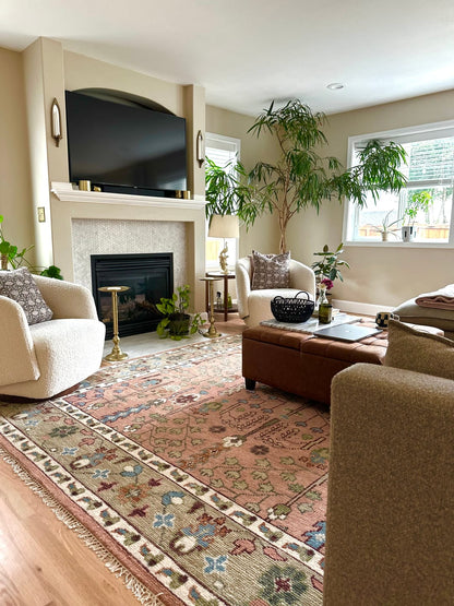 Pink, Olive and Beige vintage Traditional Tree of Life Custom Made Serapi Wool Rug.