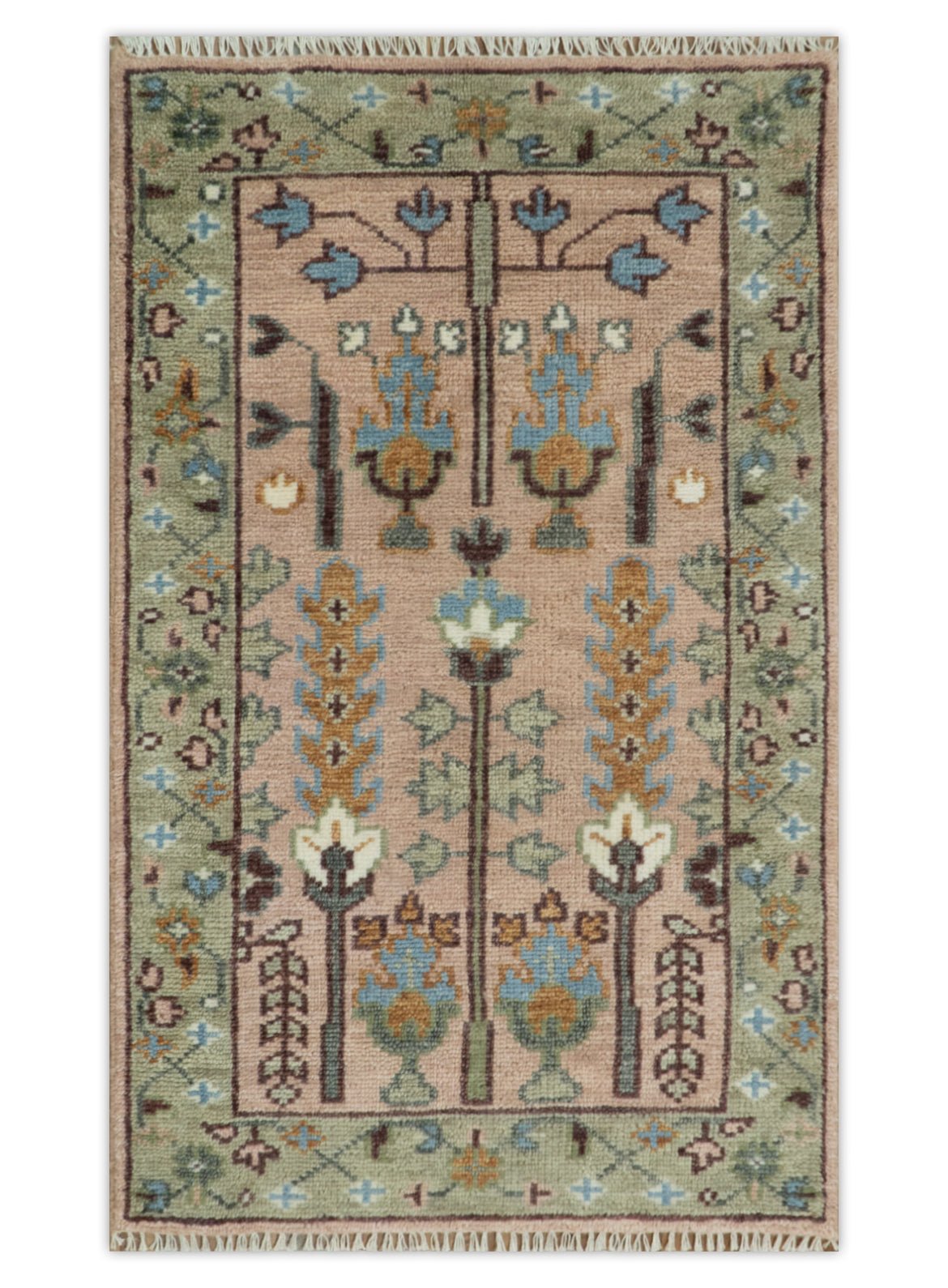 Pink, Olive and Beige vintage Traditional Tree of Life Custom Made Serapi Wool Rug.