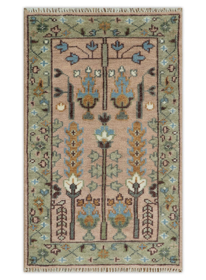 Pink, Olive and Beige vintage Traditional Tree of Life Custom Made Serapi Wool Rug.