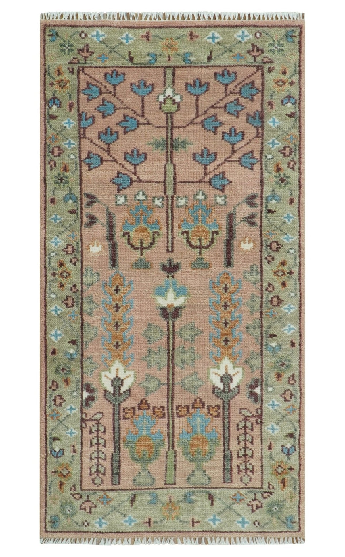 Pink, Olive and Beige vintage Traditional Tree of Life Custom Made Serapi Wool Rug.