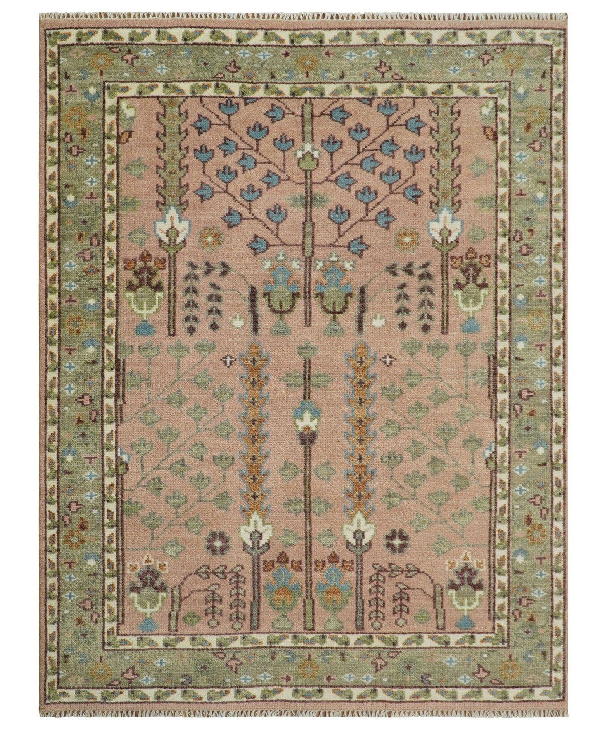 Pink, Olive and Beige vintage Traditional Tree of Life Custom Made Serapi Wool Rug.