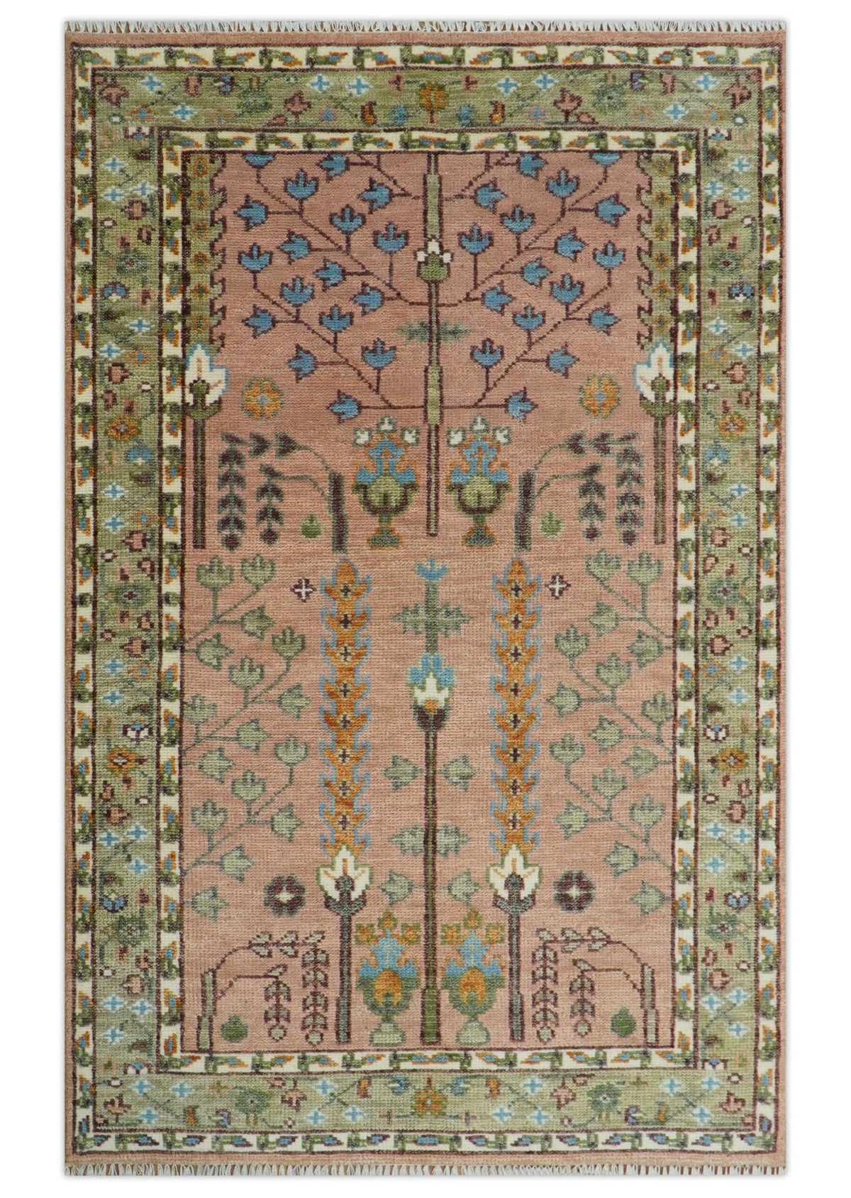 Pink, Olive and Beige vintage Traditional Tree of Life Custom Made Serapi Wool Rug.