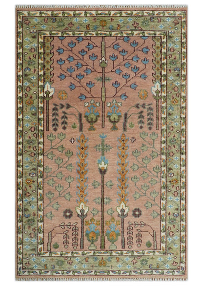 Pink, Olive and Beige vintage Traditional Tree of Life Custom Made Serapi Wool Rug.