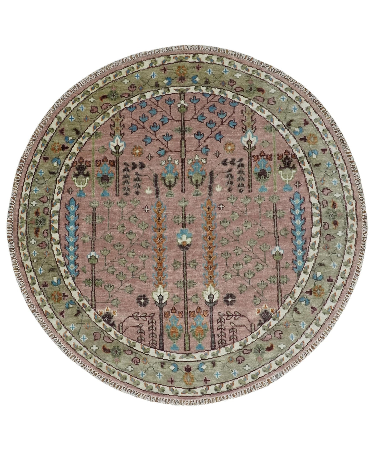 Pink, Olive and Beige vintage Traditional Tree of Life Custom Made Serapi Wool Rug.