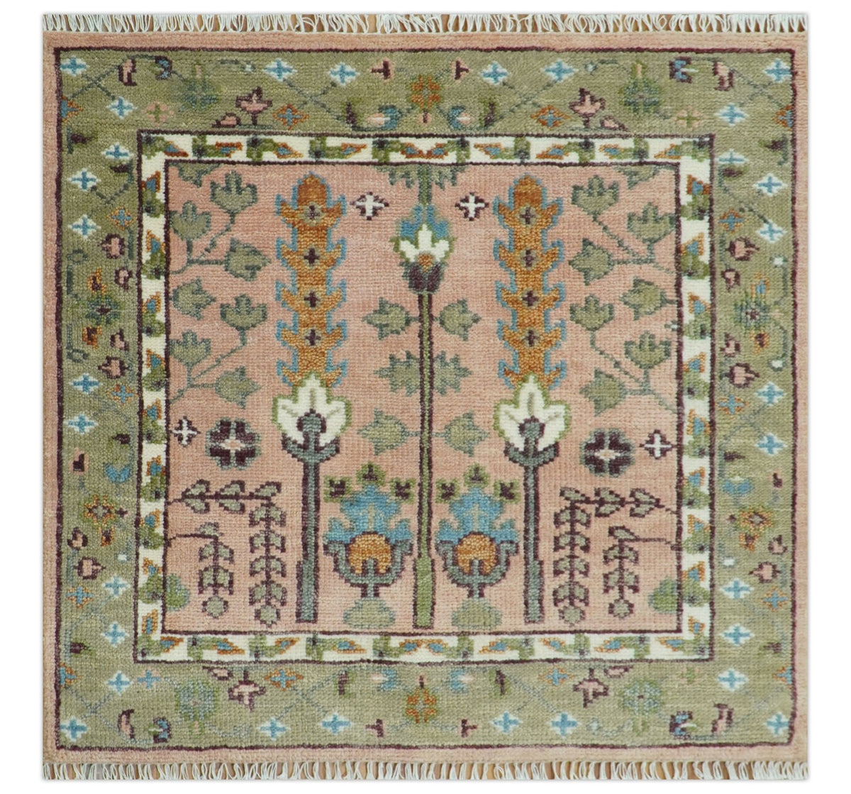 Pink, Olive and Beige vintage Traditional Tree of Life Custom Made Serapi Wool Rug.