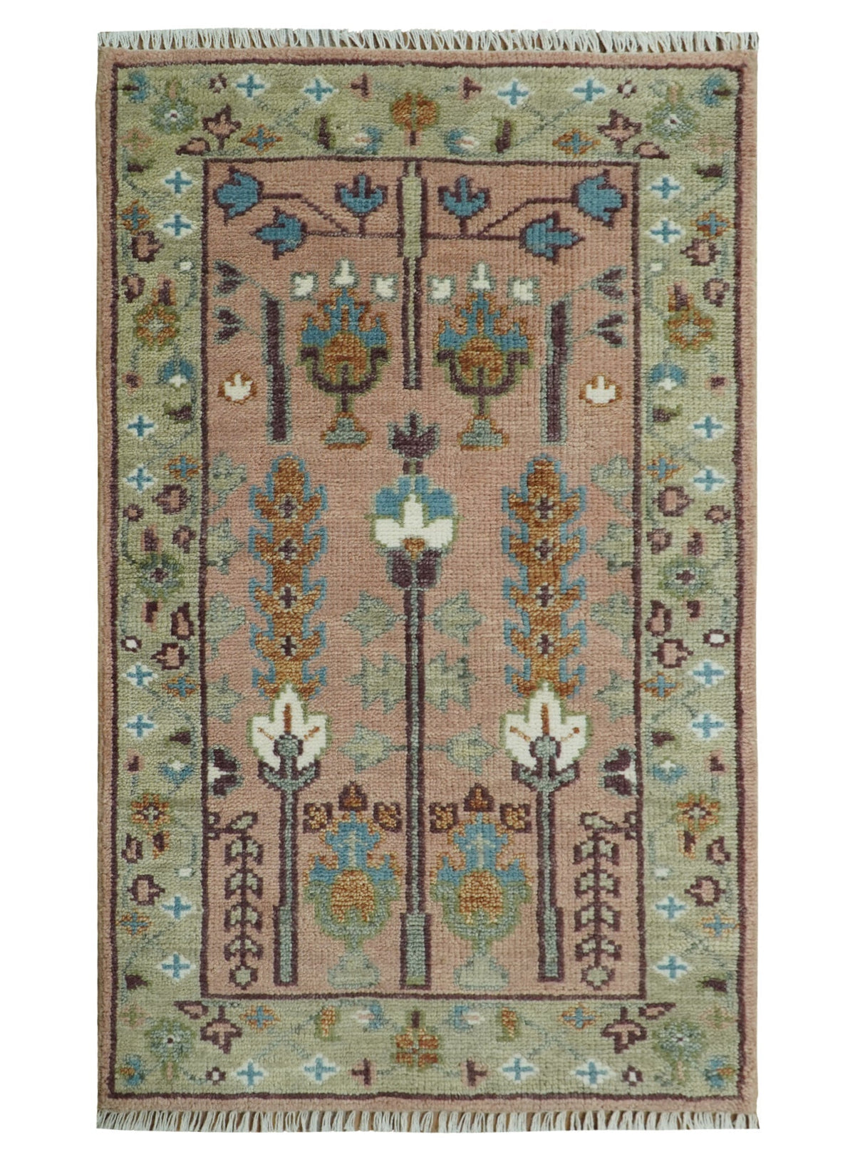 Pink, Olive and Beige vintage Traditional Tree of Life Custom Made Serapi Wool Rug.