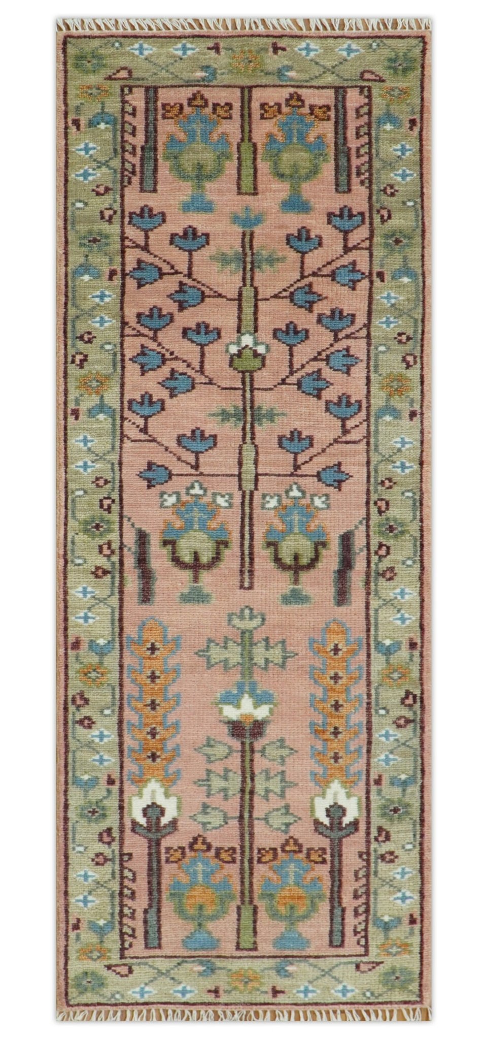 Pink, Olive and Beige vintage Traditional Tree of Life Custom Made Serapi Wool Rug.