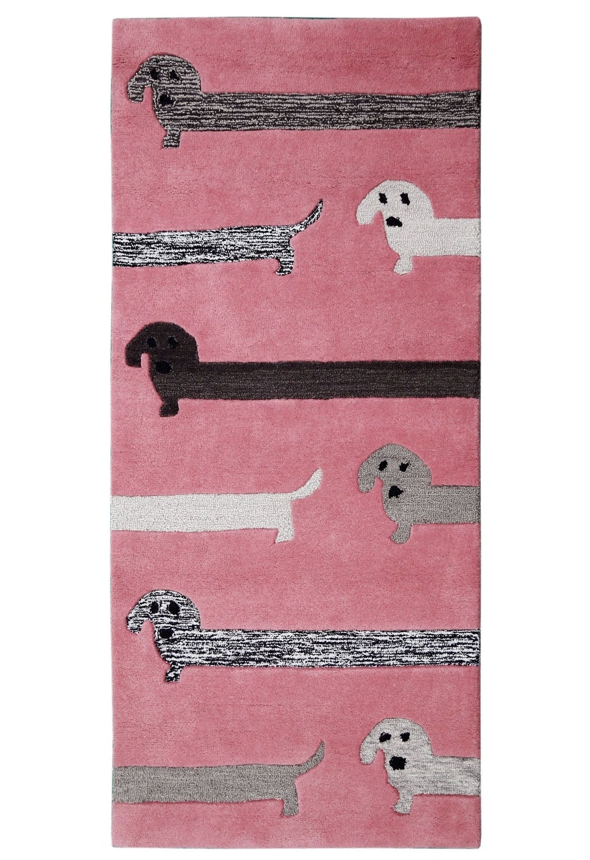 Pink Stretchy Pup Hand Tufted 3x6 Wool Area Rug.