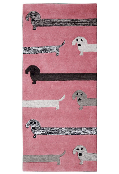 Pink Stretchy Pup Hand Tufted 3x6 Wool Area Rug.