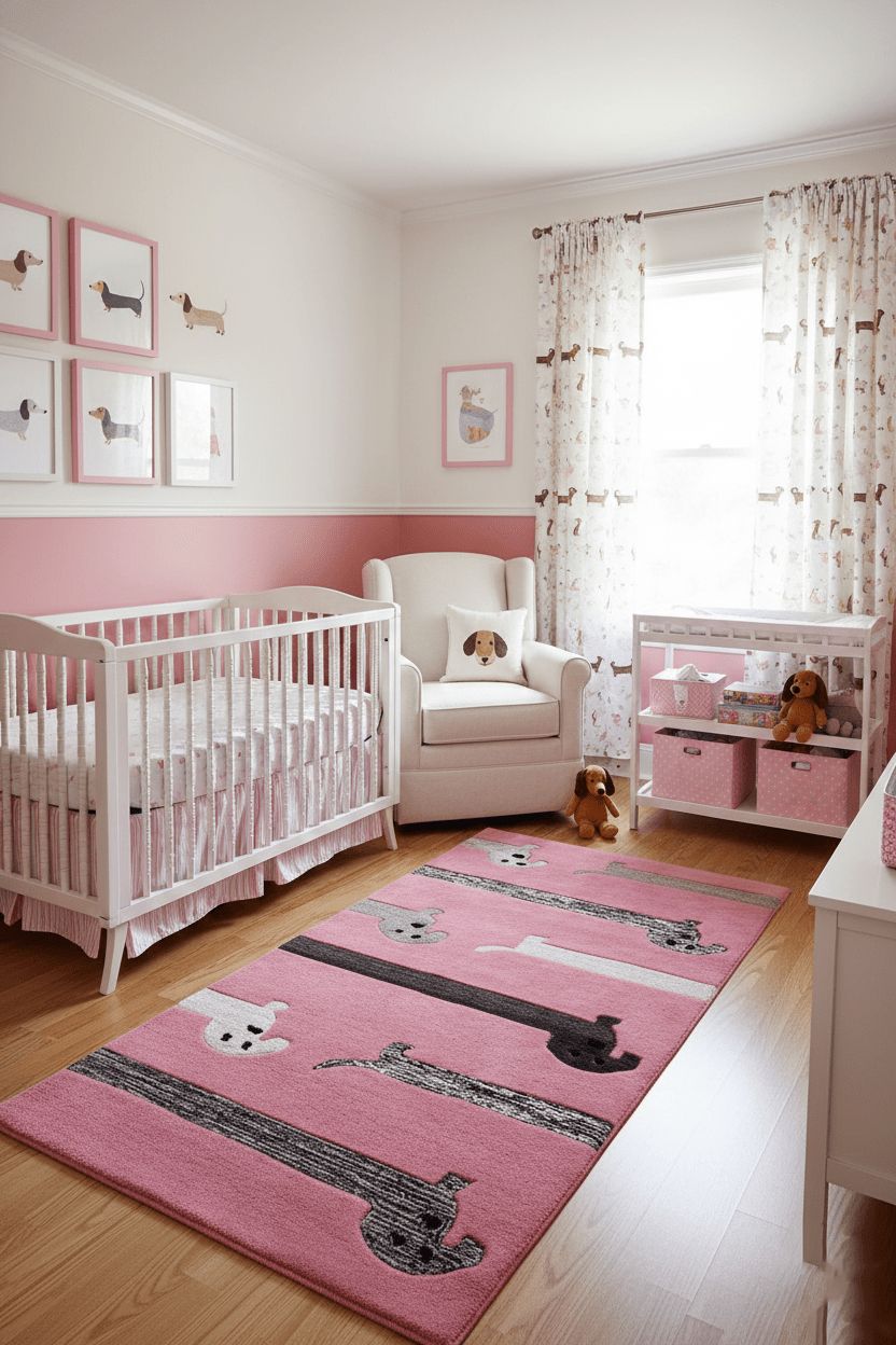 Pink Stretchy Pup Hand Tufted 3x6 Wool Area Rug.