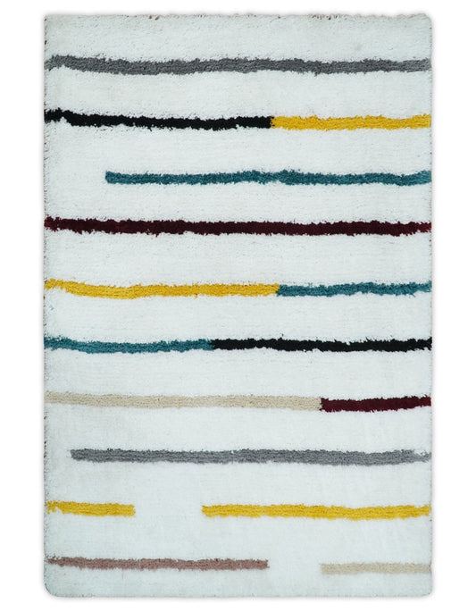 Plush and Thick Hand Woven Shag White with multicolor Stripes Soft Area Rug | SHAG2.