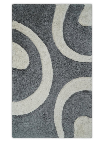 Plush Contemporary 3x5, 4x6 and 5x7 Hand Woven Shag Ivory and Gray Art Silk Soft Area Rug.