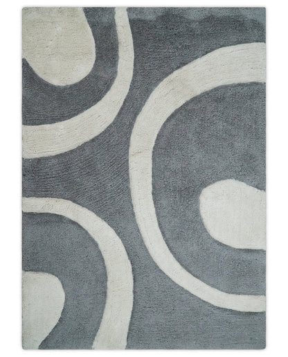 Plush Contemporary 3x5, 4x6 and 5x7 Hand Woven Shag Ivory and Gray Art Silk Soft Area Rug.