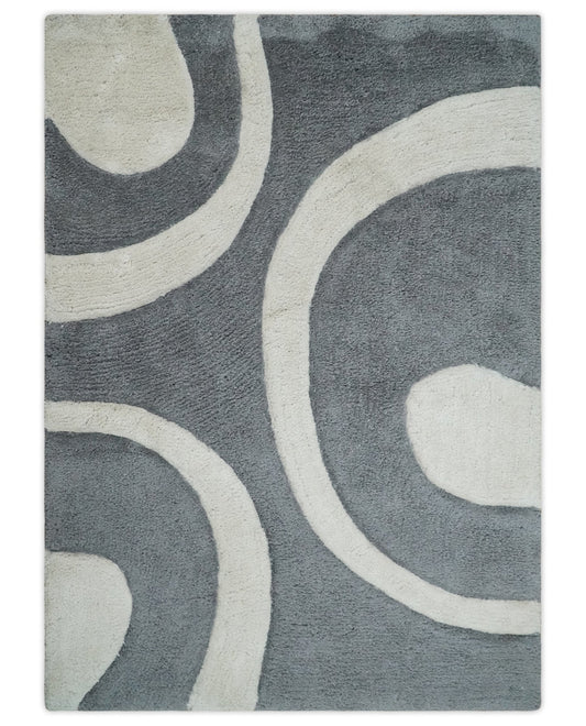 Plush Contemporary 3x5, 4x6 and 5x7 Hand Woven Shag Ivory and Gray Art Silk Soft Area Rug.
