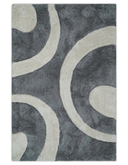 Plush Contemporary 3x5, 4x6 and 5x7 Hand Woven Shag Ivory and Gray Art Silk Soft Area Rug.