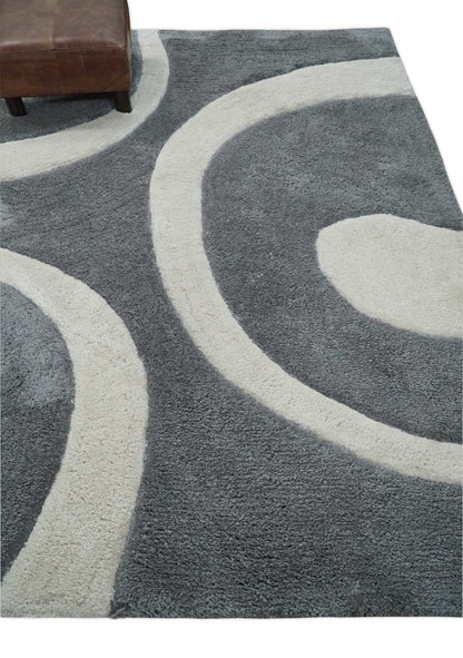 Plush Contemporary 3x5, 4x6 and 5x7 Hand Woven Shag Ivory and Gray Art Silk Soft Area Rug.