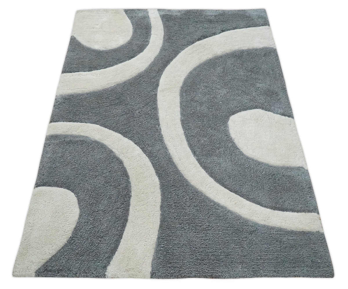 Plush Contemporary 3x5, 4x6 and 5x7 Hand Woven Shag Ivory and Gray Art Silk Soft Area Rug.