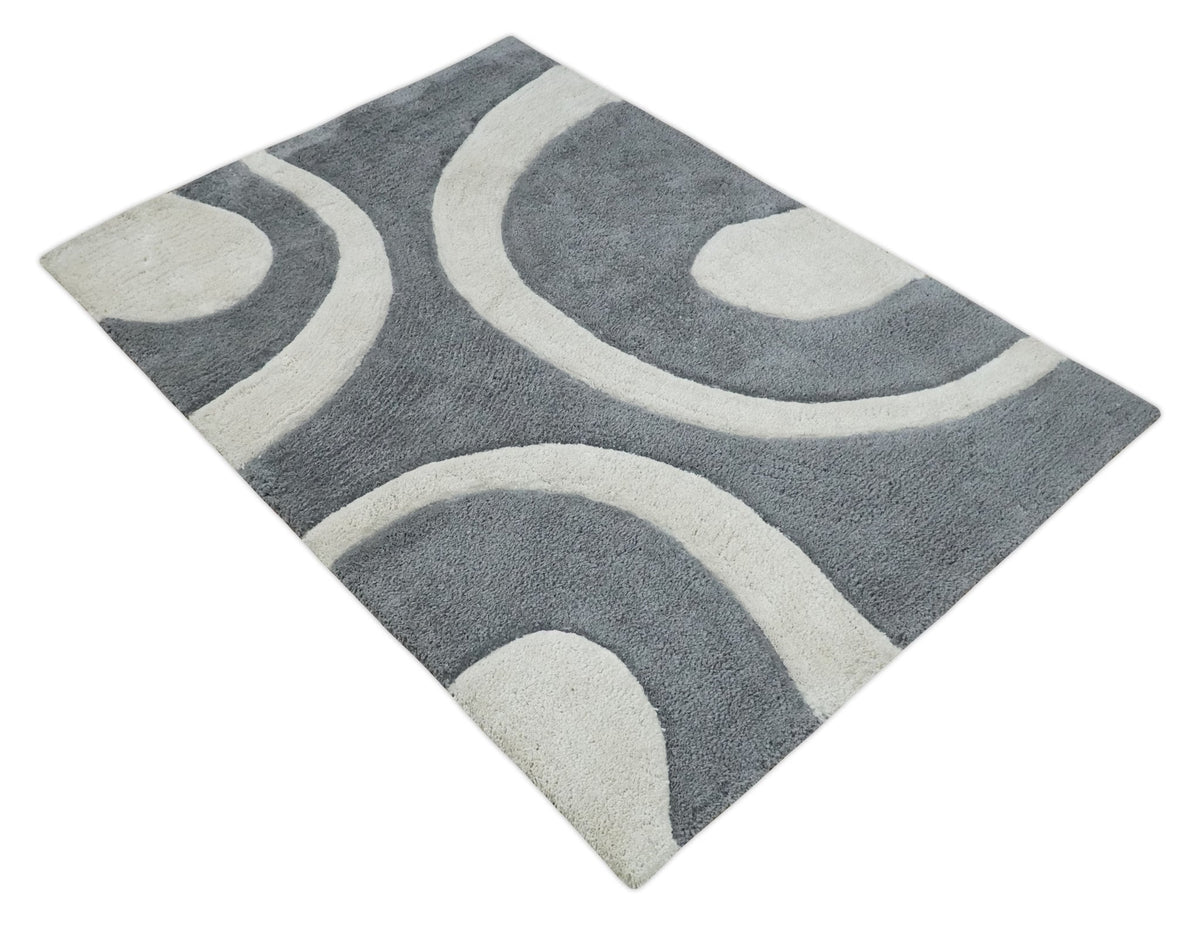Plush Contemporary 3x5, 4x6 and 5x7 Hand Woven Shag Ivory and Gray Art Silk Soft Area Rug.