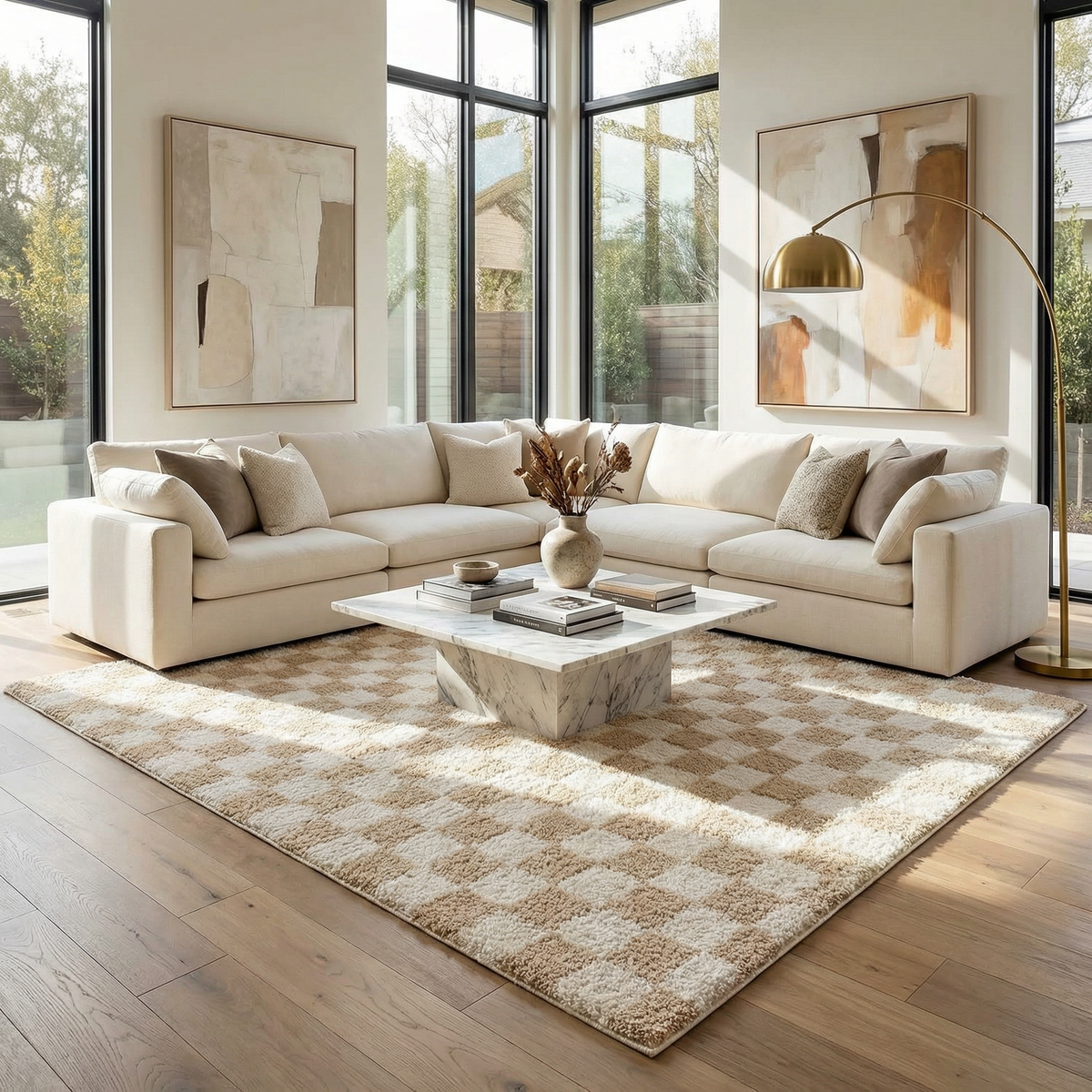 Canika Checkered Cream Washable Area Rug