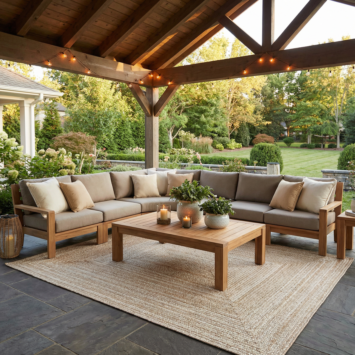 Cream Braided Faux Jute Outdoor Rug.