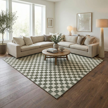 Kaysar Olive Green Checkered Washable Area Rug