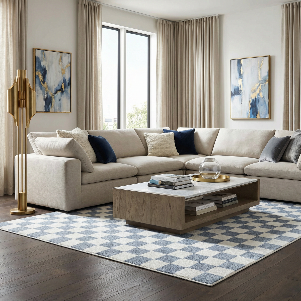 Brone Blue Checkered Washable Rug
