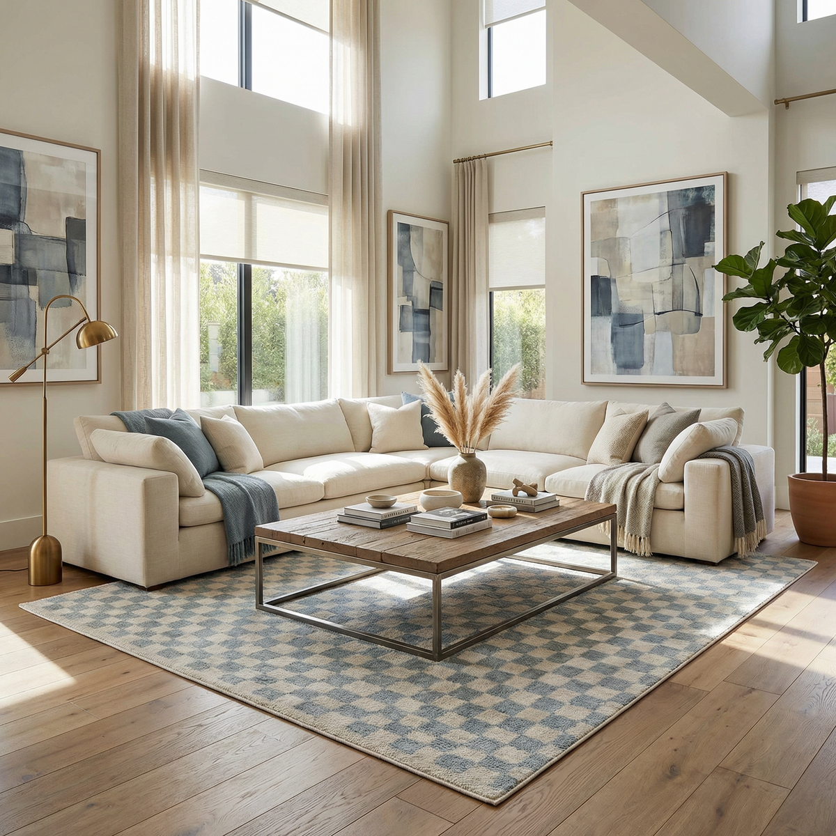 Benjy Cream & Light Blue Checkered Area Rug