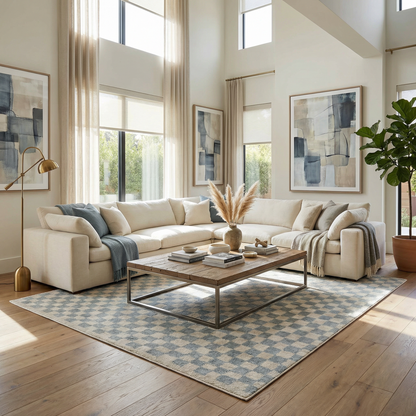 Benjy Cream & Light Blue Checkered Area Rug
