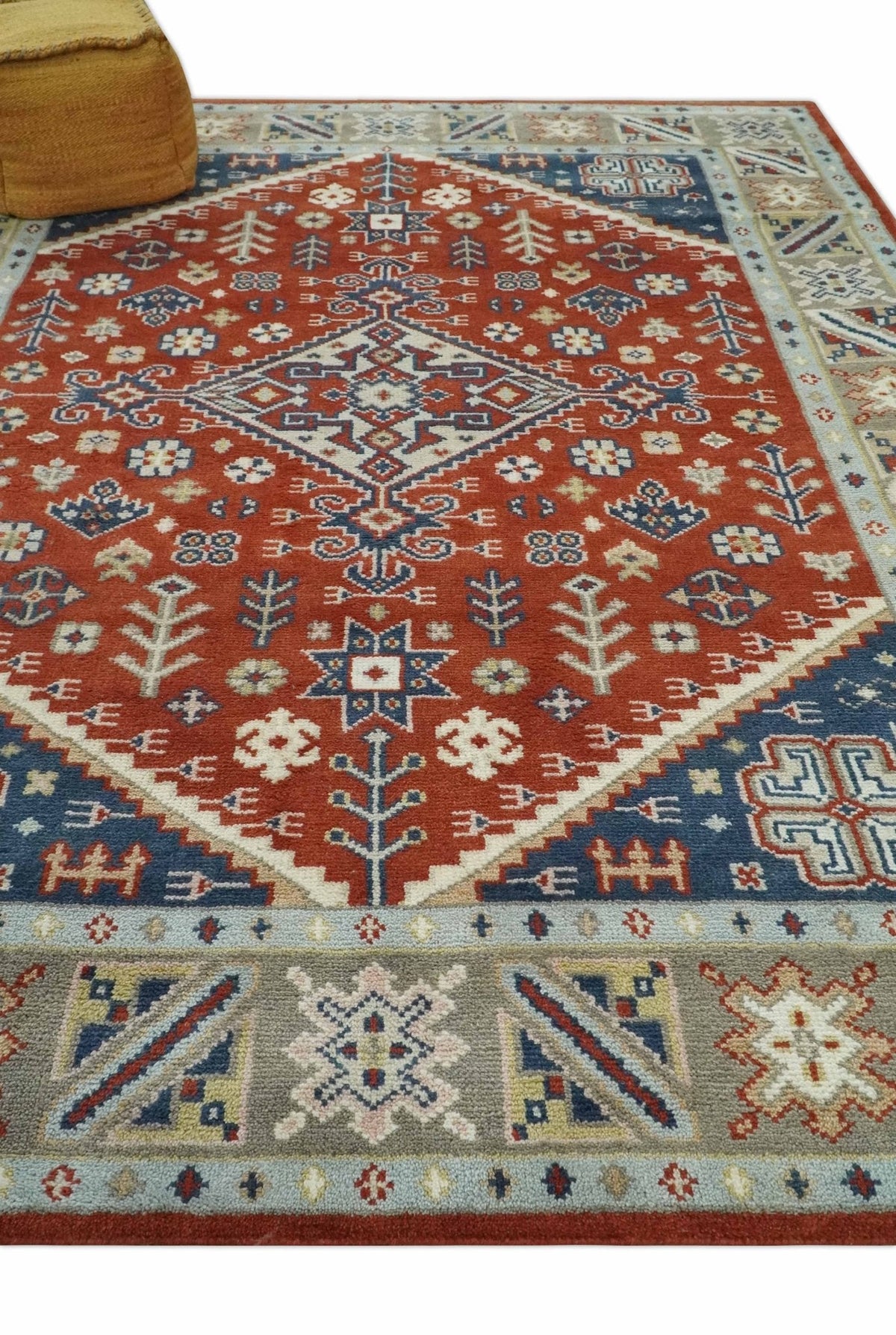 Premium Style Rust, Blue and Beige Hand Knotted Traditional Heriz wool Area Rug.