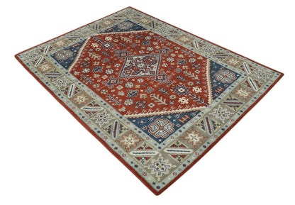 Premium Style Rust, Blue and Beige Hand Knotted Traditional Heriz wool Area Rug.