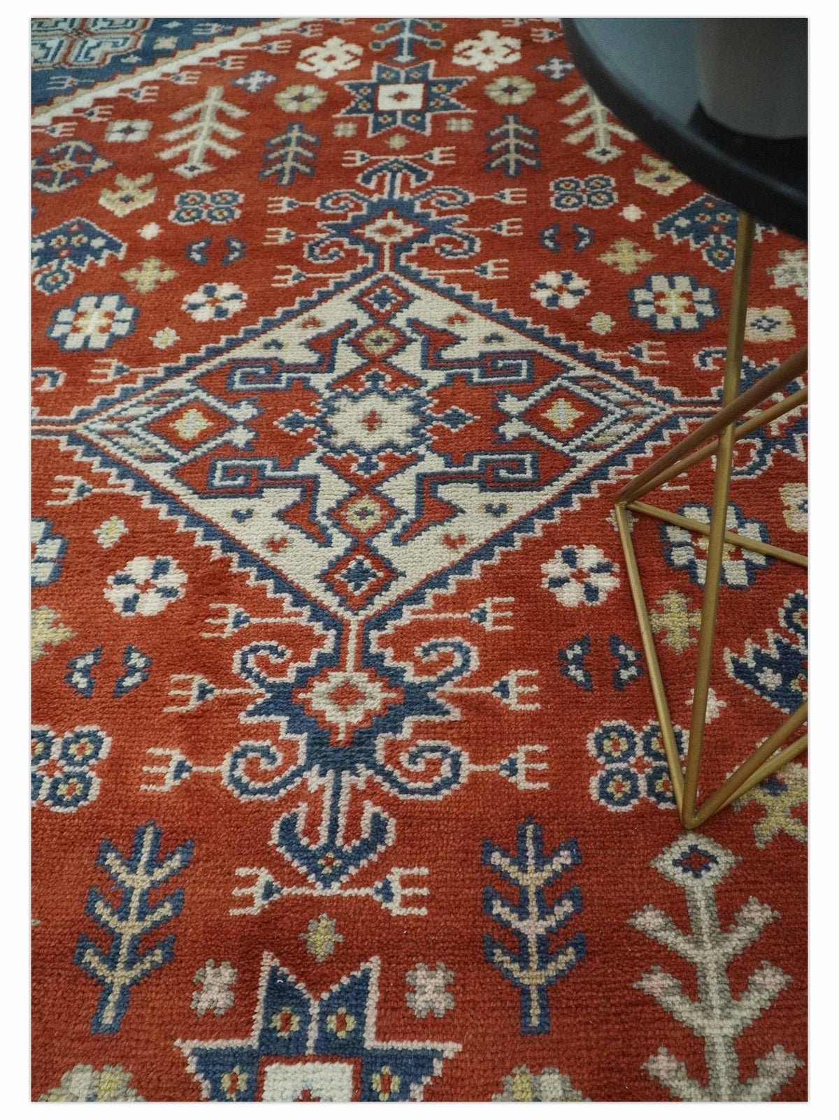 Premium Style Rust, Blue and Beige Hand Knotted Traditional Heriz wool Area Rug.