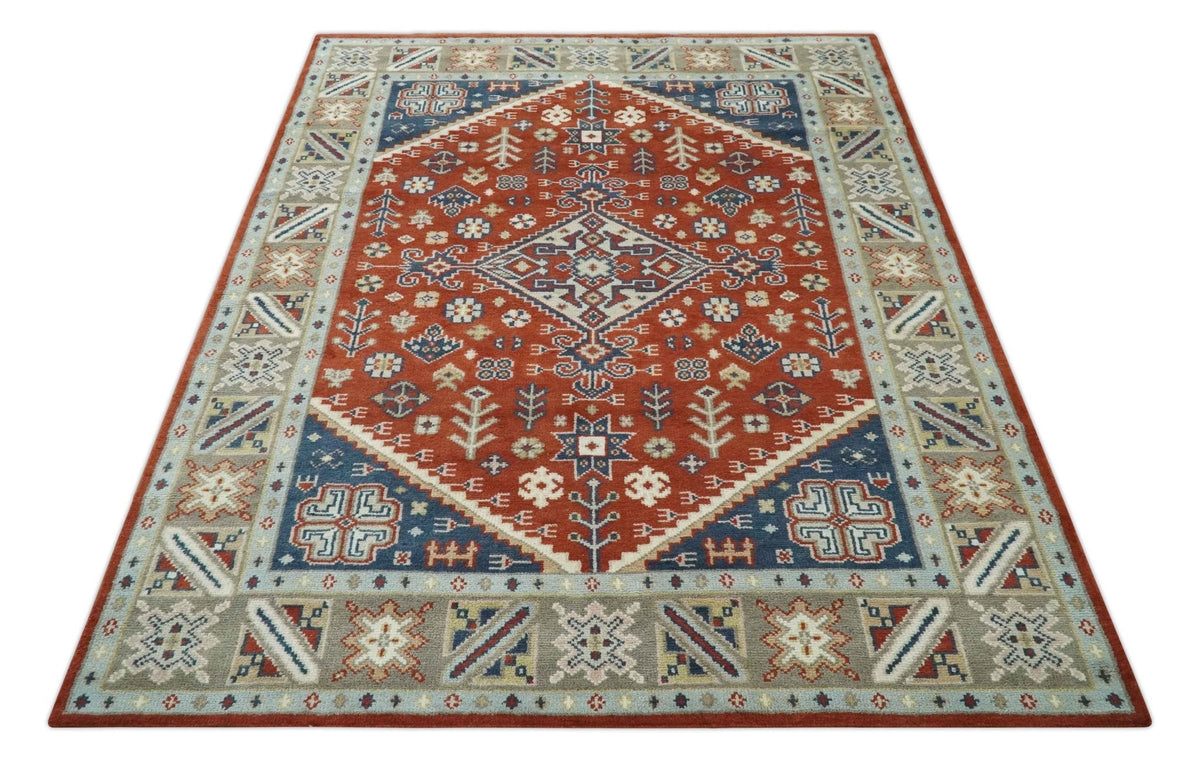 Premium Style Rust, Blue and Beige Hand Knotted Traditional Heriz wool Area Rug.