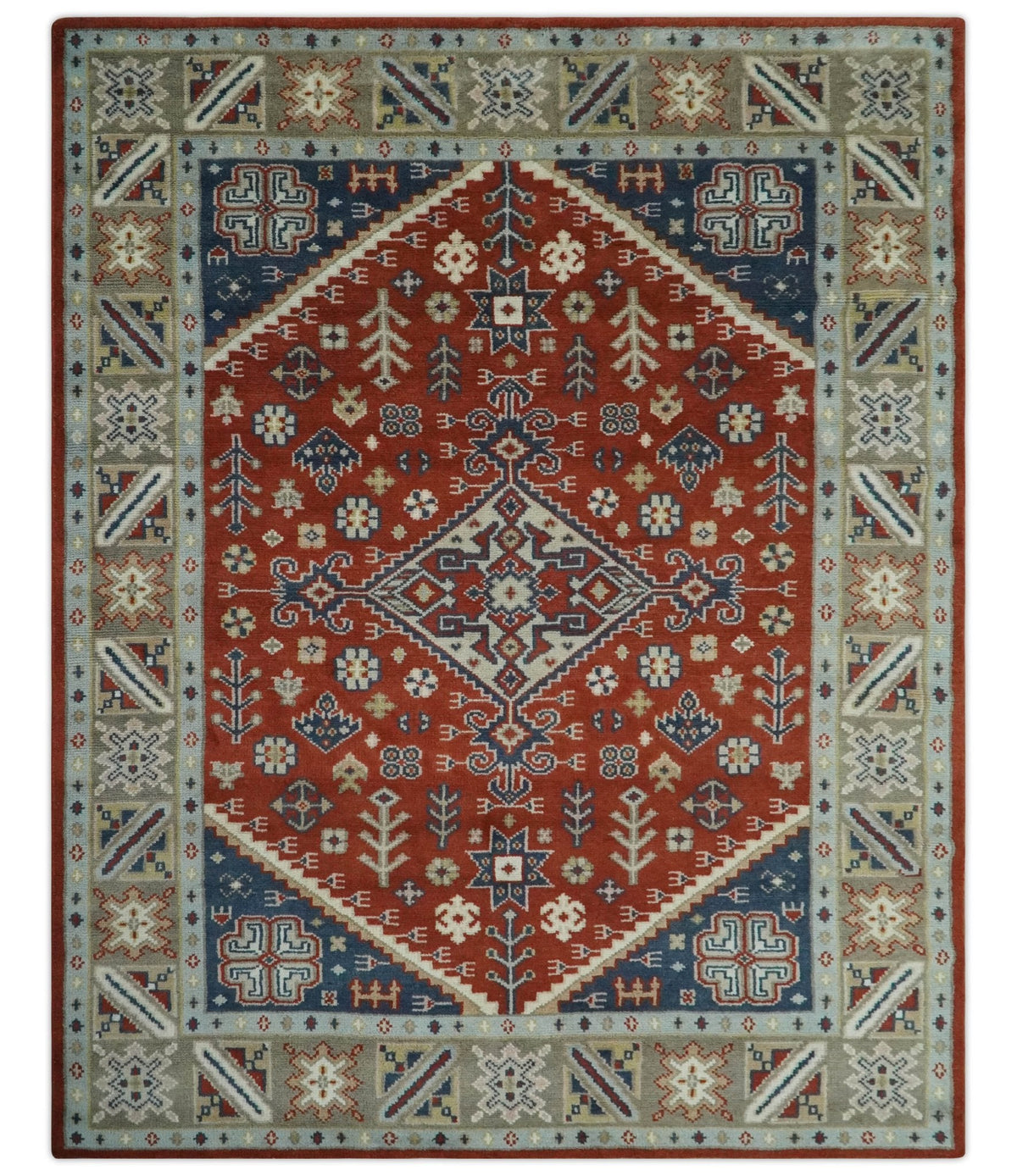 Premium Style Rust, Blue and Beige Hand Knotted Traditional Heriz wool Area Rug.